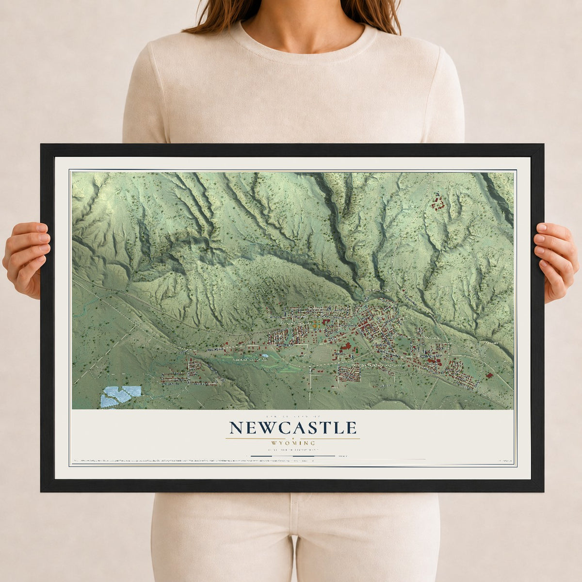 Map of Newcastle, Wyoming, 12 x 18 inch print in a black wood frame