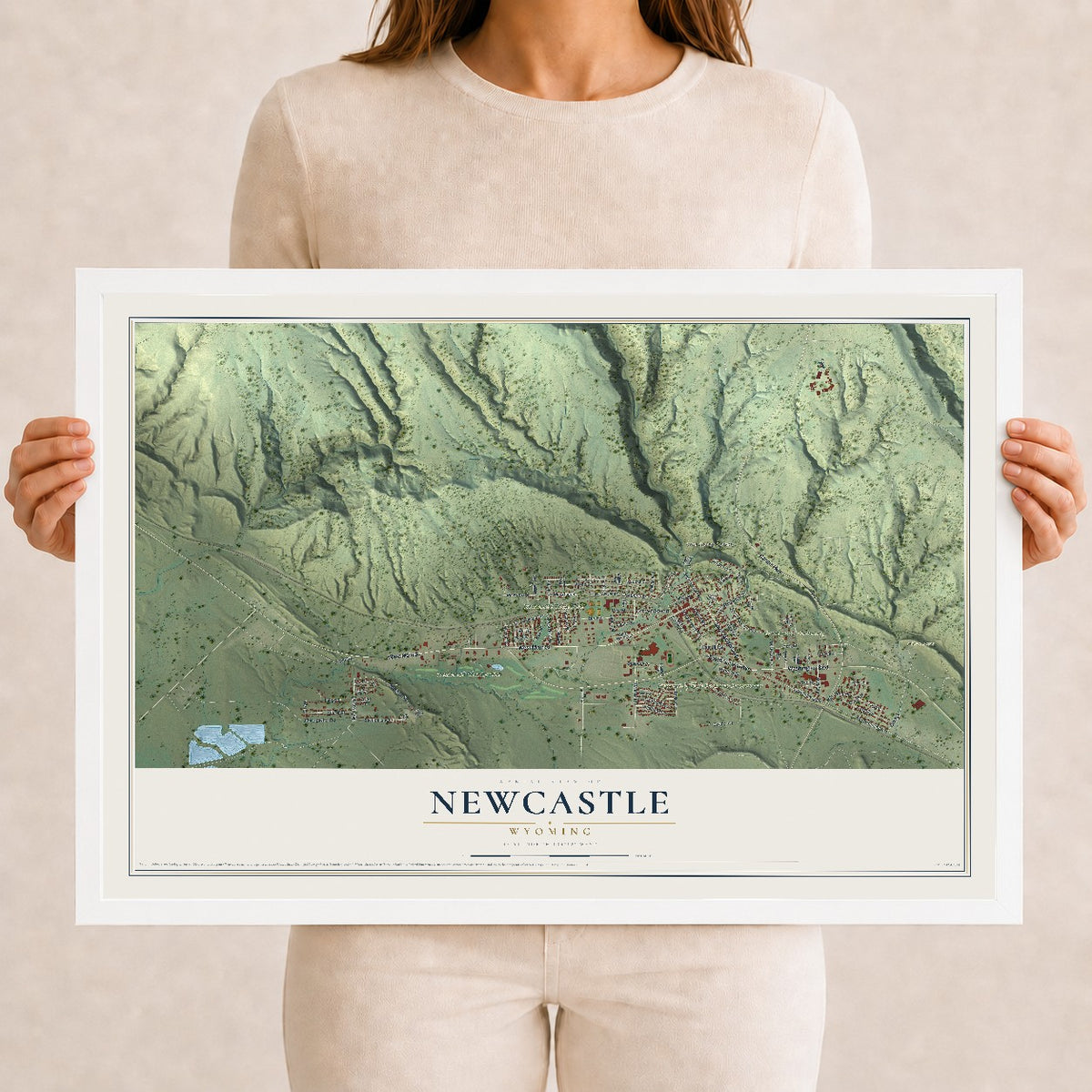 Map of Newcastle, Wyoming, 12 x 18 inch print in a white wood frame