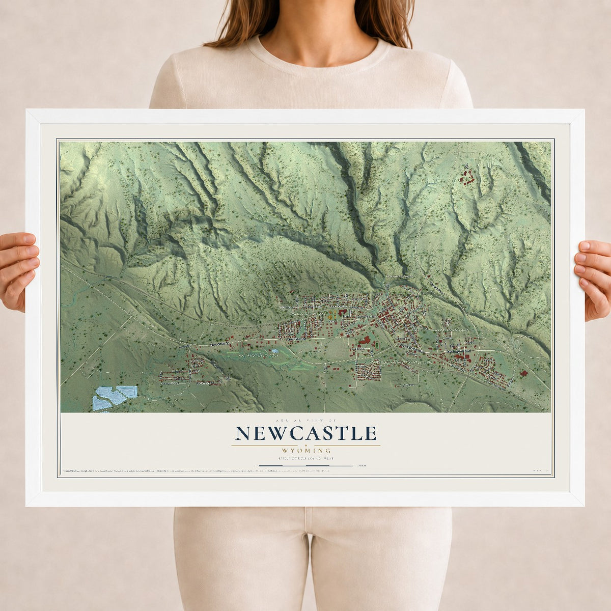 Map of Newcastle, Wyoming, 18 x 24 inch print in a white wood frame