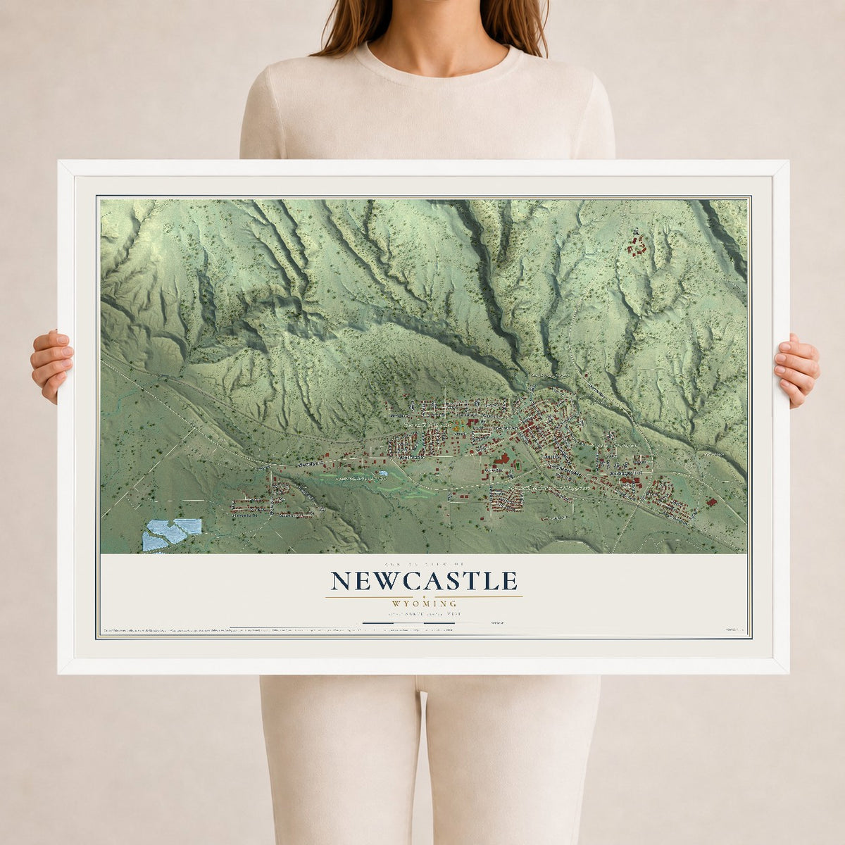 Map of Newcastle, Wyoming, 24 x 36 inch print in a white wood frame