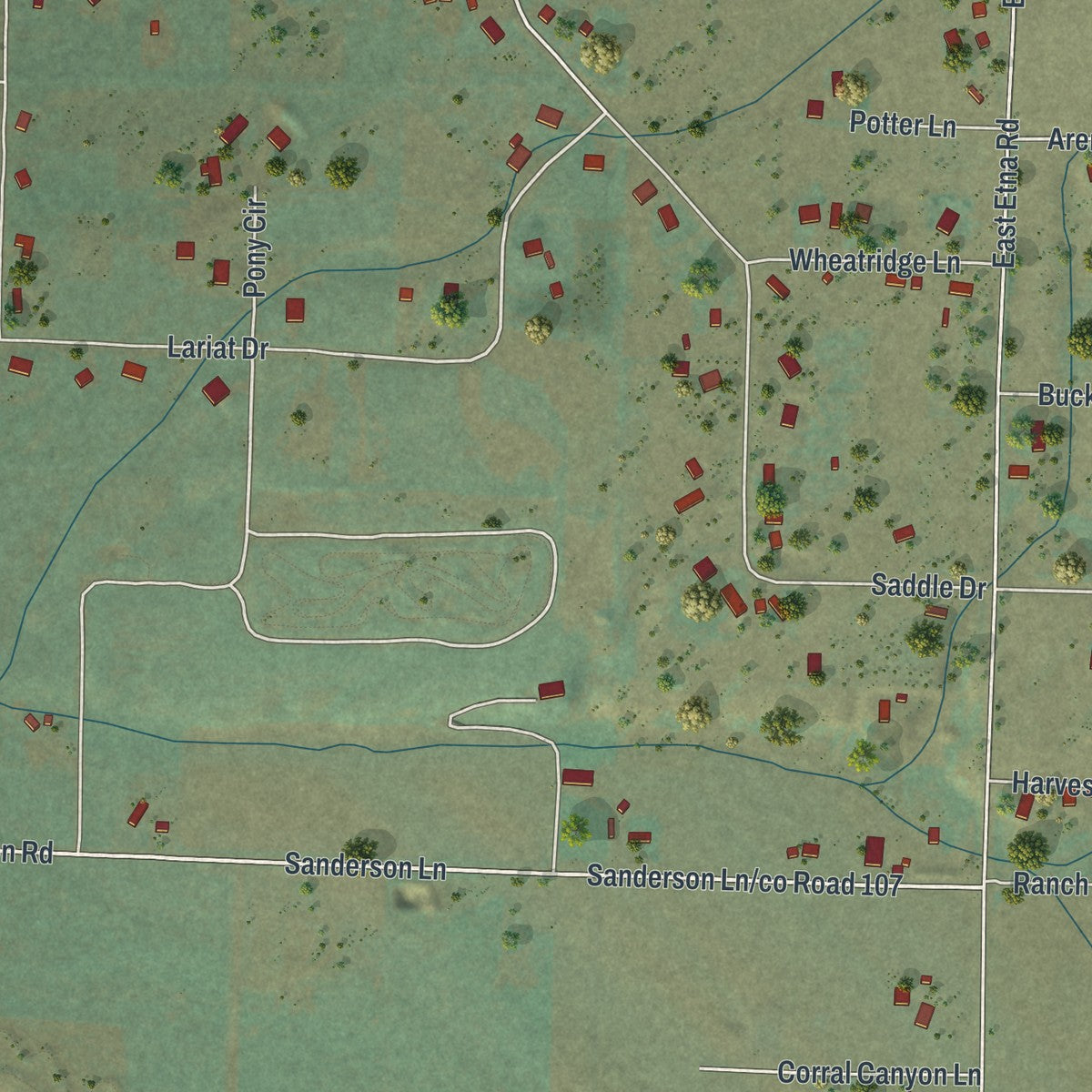 Close-up of the map of Nordic, Wyoming print showing street and building detail