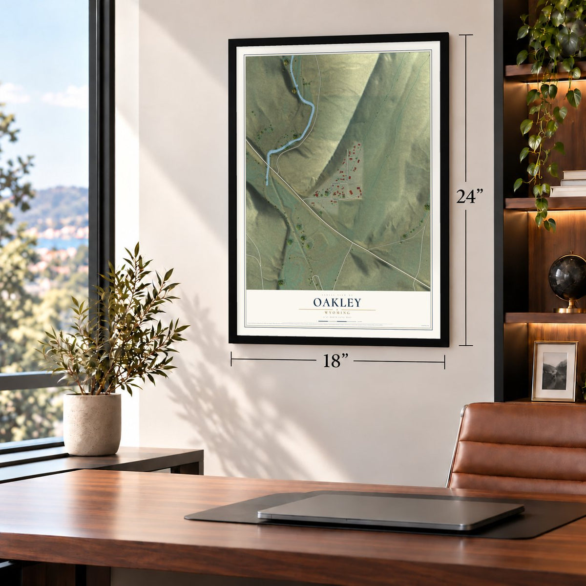 Oakley, Wyoming map, 18 x 24 inch print in a black frame in a home office