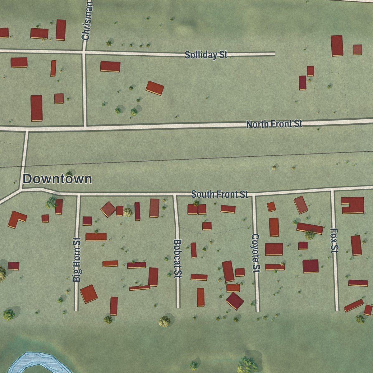 Close-up of the map of Opal, Wyoming print showing street and building detail