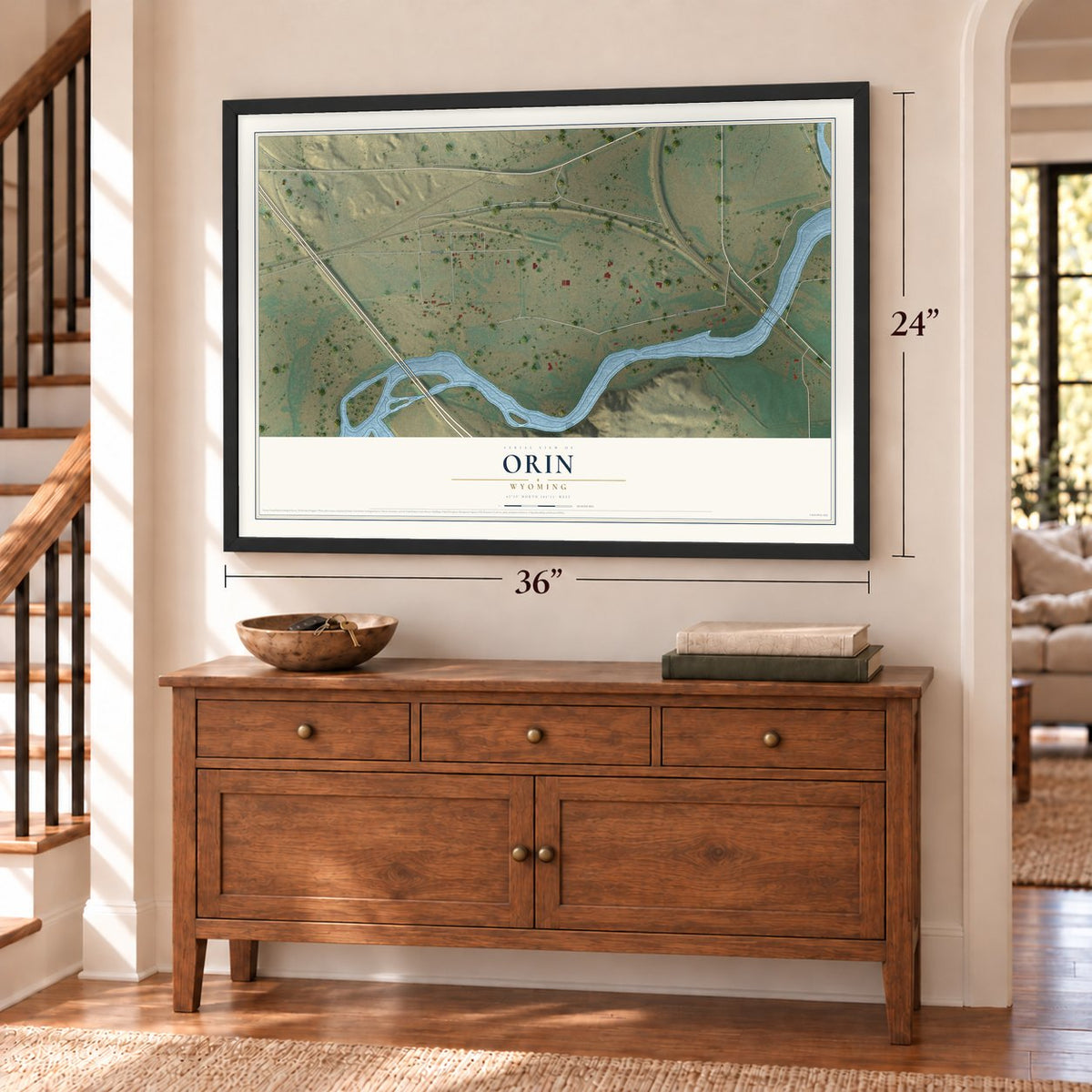 Orin, Wyoming map, 24 x 36 inch print in a black frame above a dresser by a staircase
