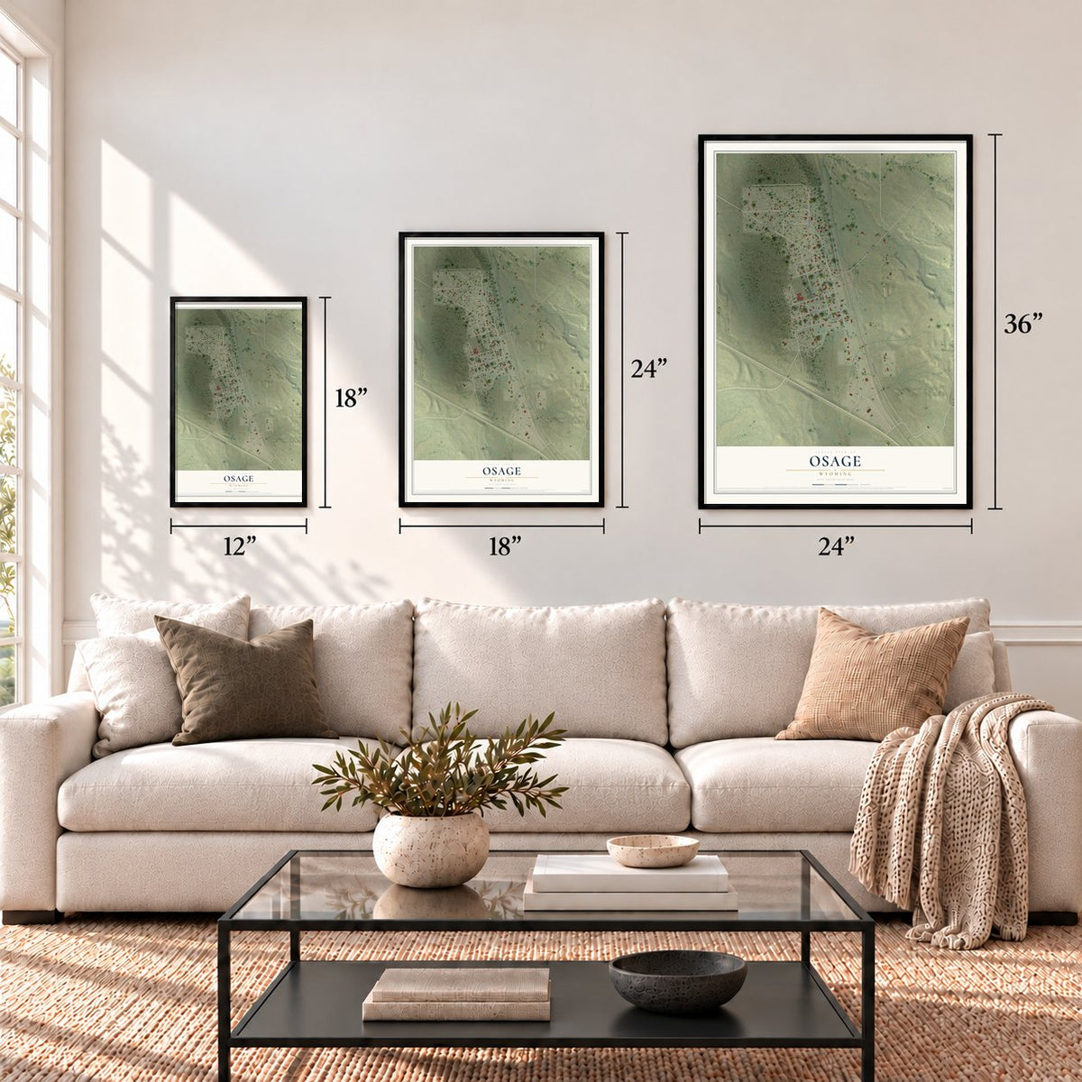 Osage, Wyoming map in 12 x 18, 18 x 24 and 24 x 36 inch sizes above a sofa