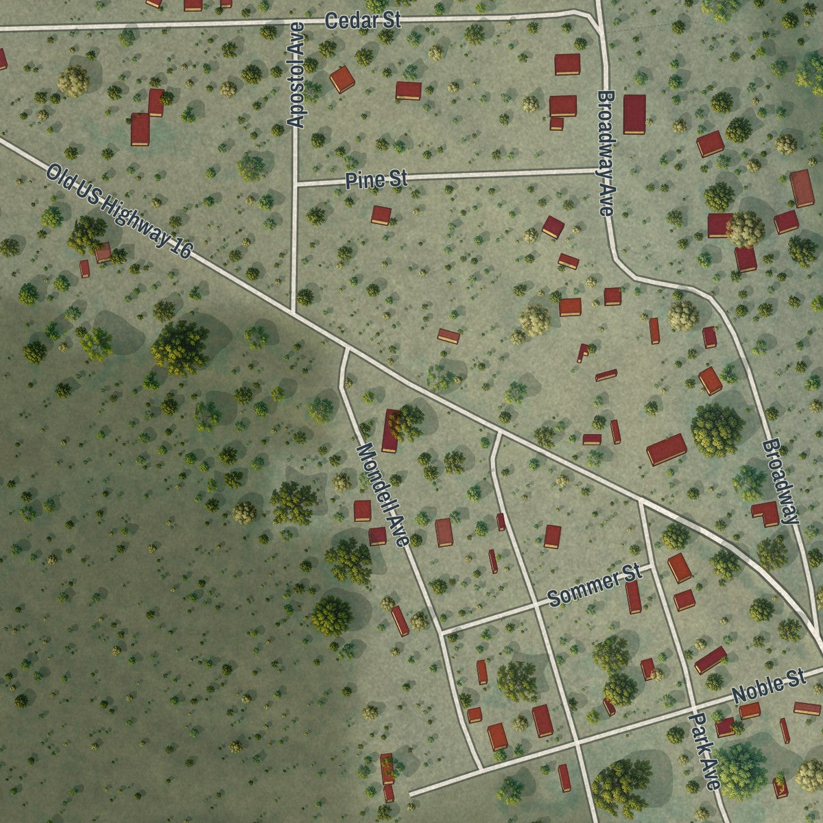 Close-up of the map of Osage, Wyoming print showing street and building detail