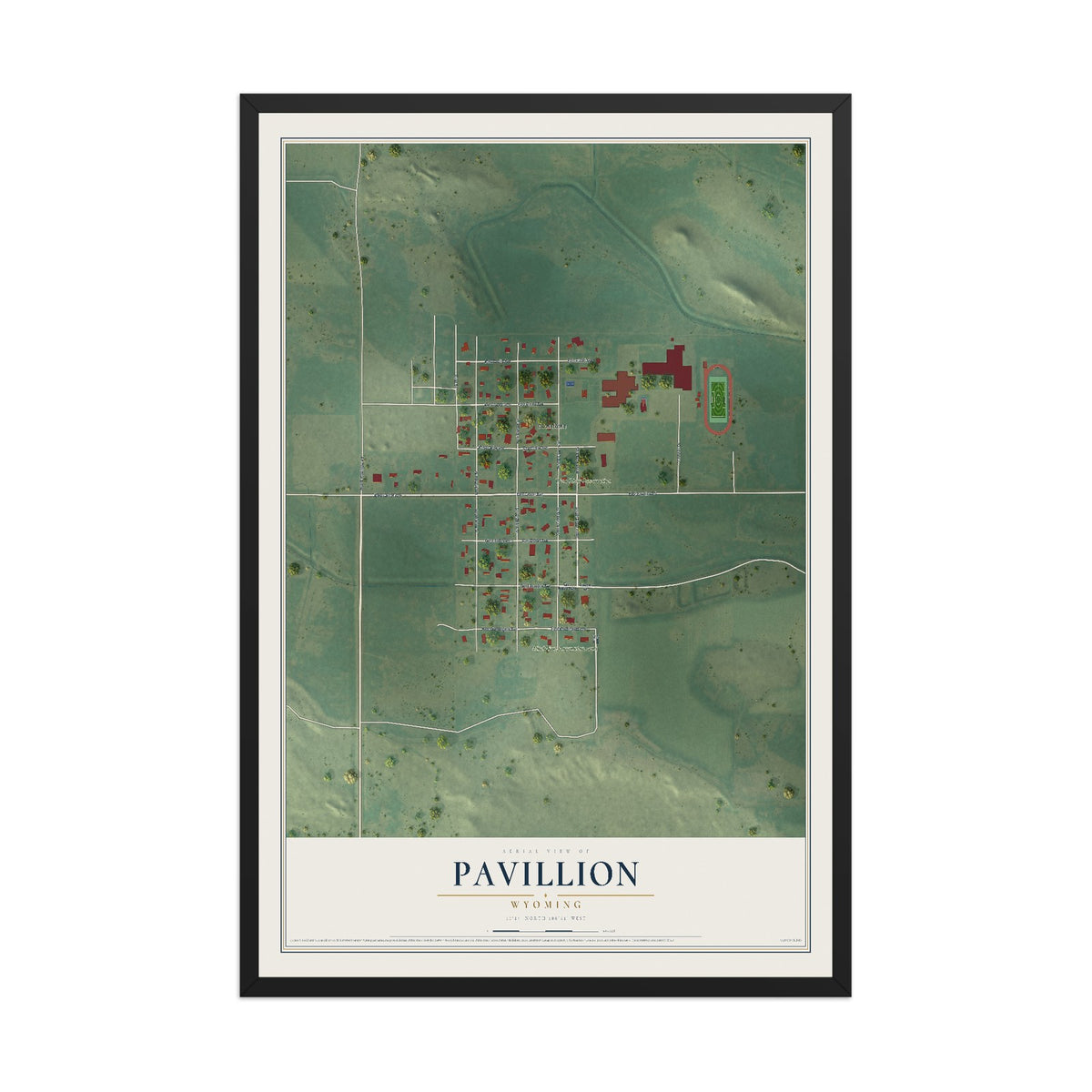 Map of Pavillion, Wyoming, 12 x 18 inch print in a black wood frame