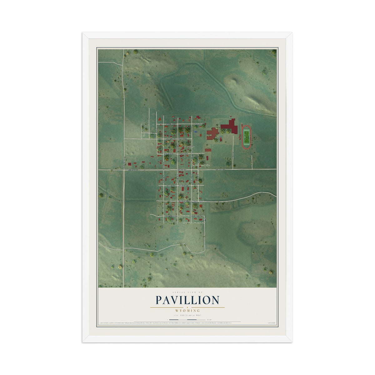 Map of Pavillion, Wyoming, 12 x 18 inch print in a white wood frame