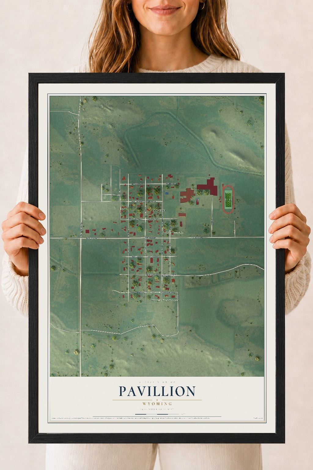 Map of Pavillion, Wyoming, 18 x 24 inch print in a black wood frame