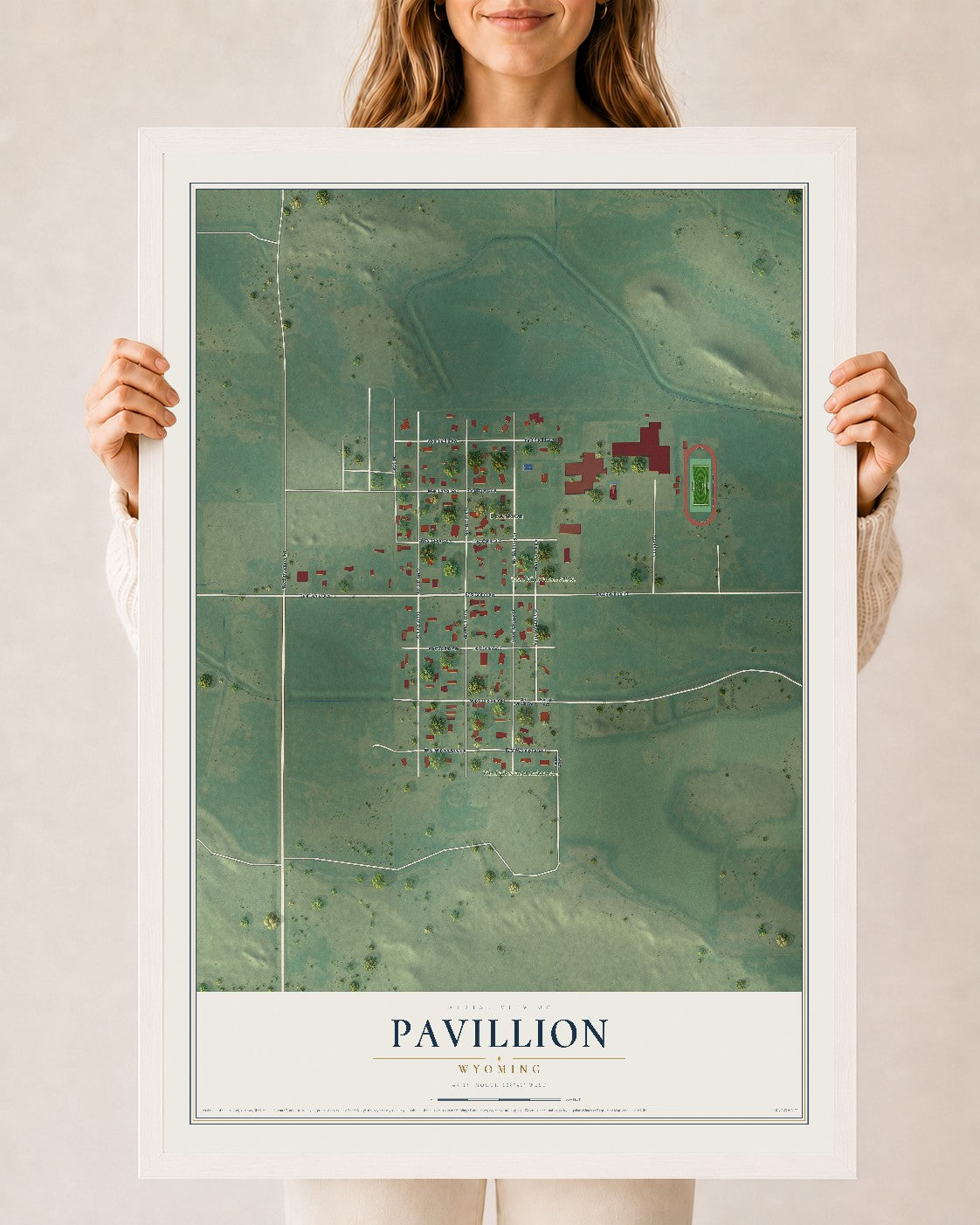 Map of Pavillion, Wyoming, 24 x 36 inch print in a white wood frame