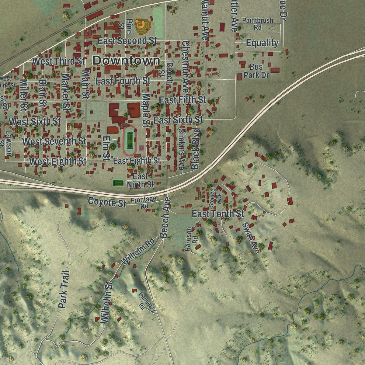 Close-up of the map of Pine Bluffs, Wyoming print showing street and building detail