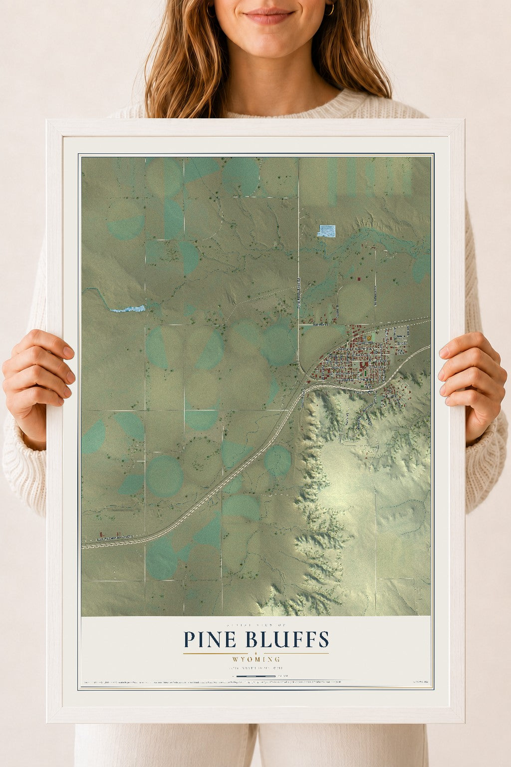 Map of Pine Bluffs, Wyoming, 18 x 24 inch print in a white wood frame