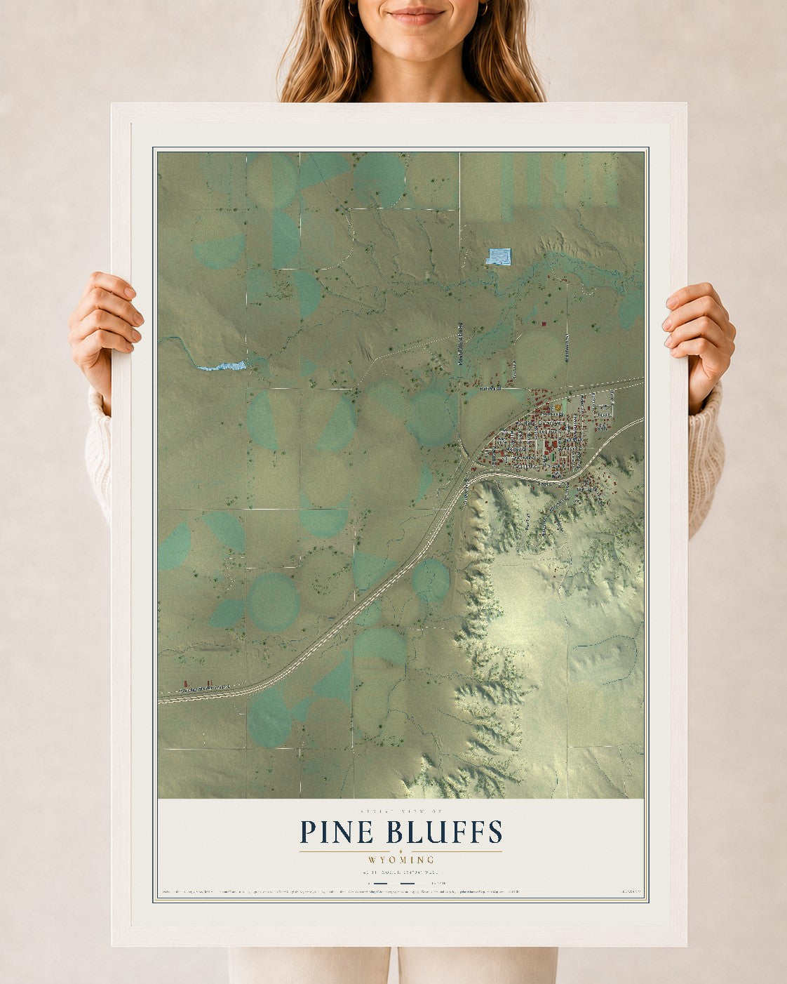 Map of Pine Bluffs, Wyoming, 24 x 36 inch print in a white wood frame