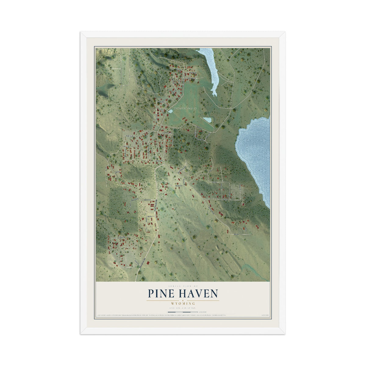 Map of Pine Haven, Wyoming, 12 x 18 inch print in a white wood frame