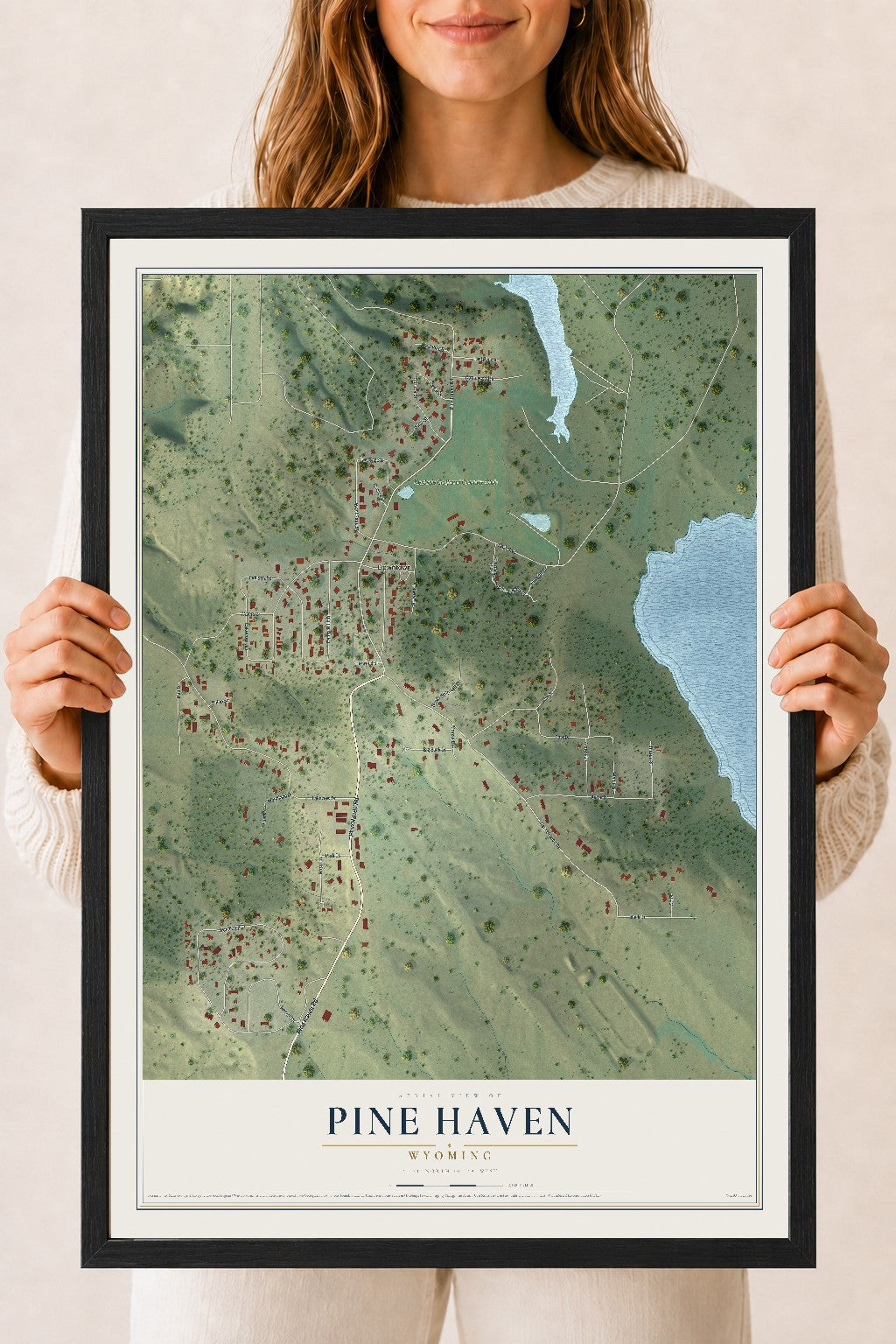 Map of Pine Haven, Wyoming, 18 x 24 inch print in a black wood frame
