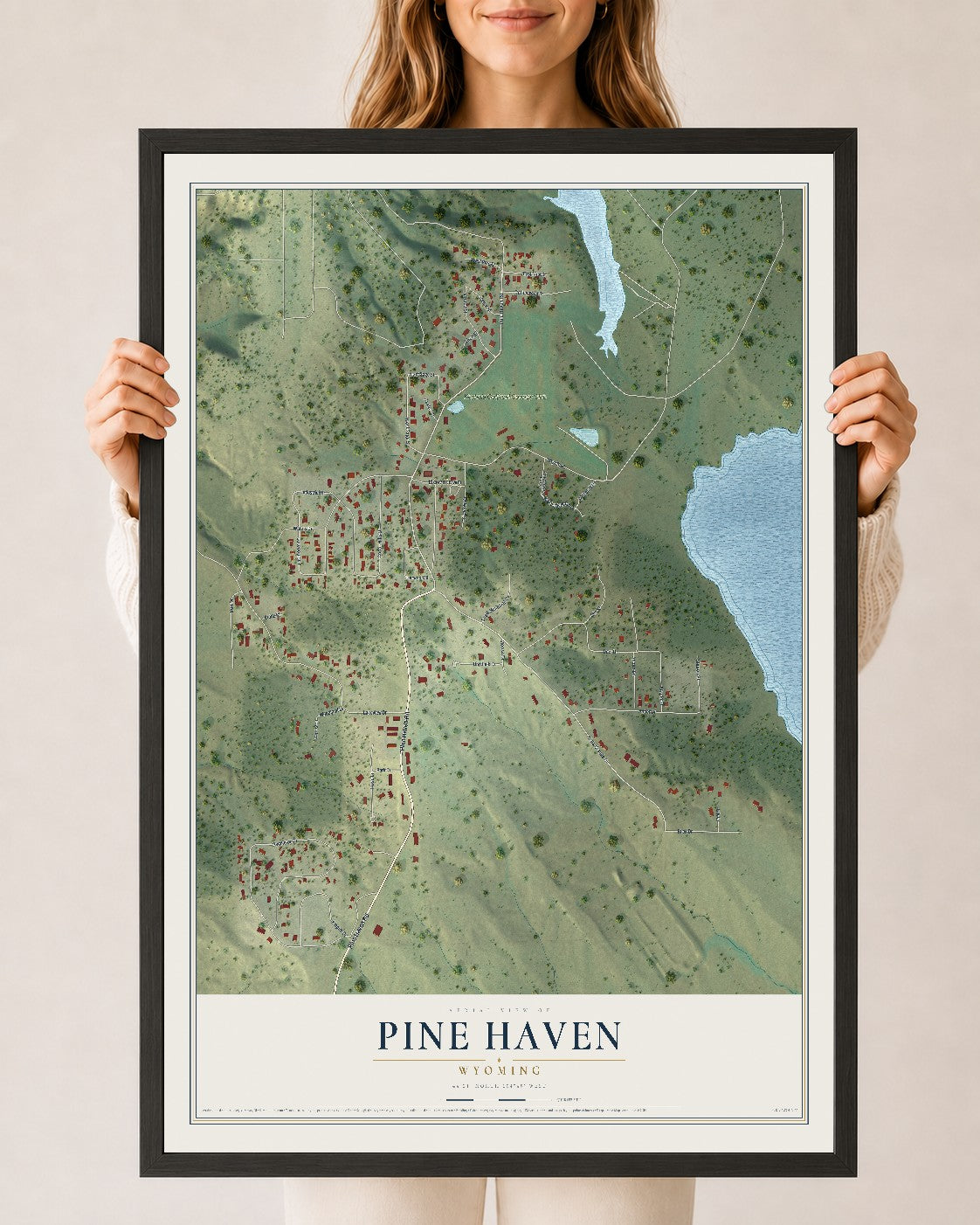 Map of Pine Haven, Wyoming, 24 x 36 inch print in a black wood frame