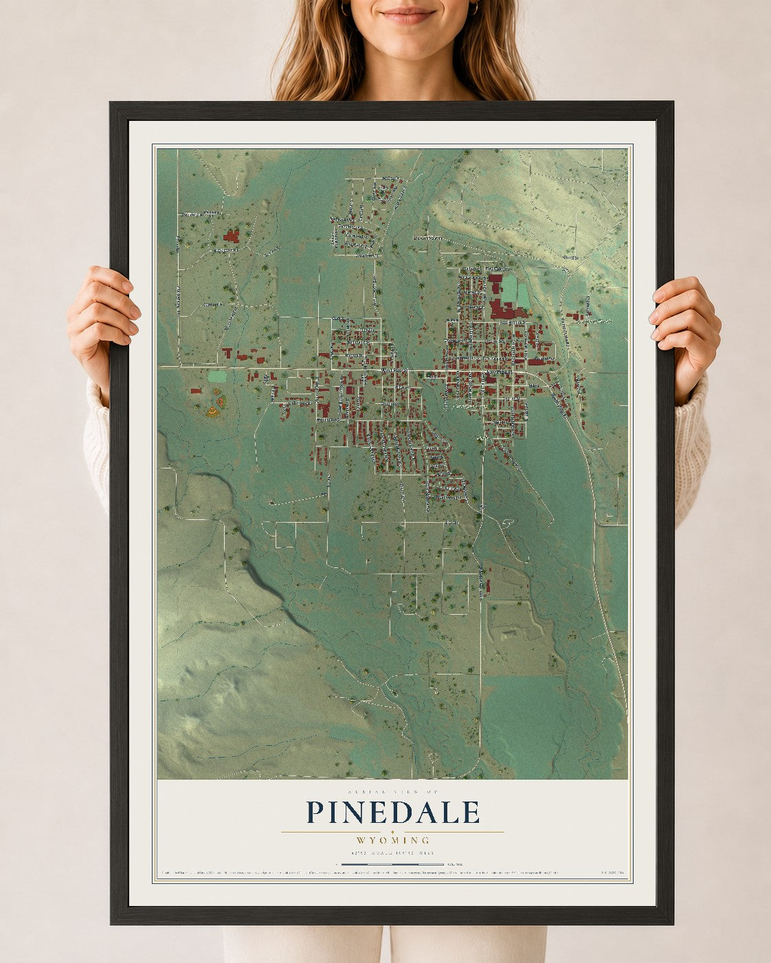 Map of Pinedale, Wyoming, 24 x 36 inch print in a black wood frame