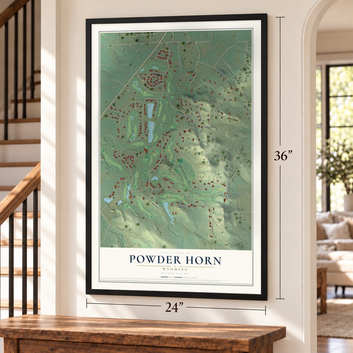 Powder Horn, Wyoming map, 24 x 36 inch print in a black frame by a staircase