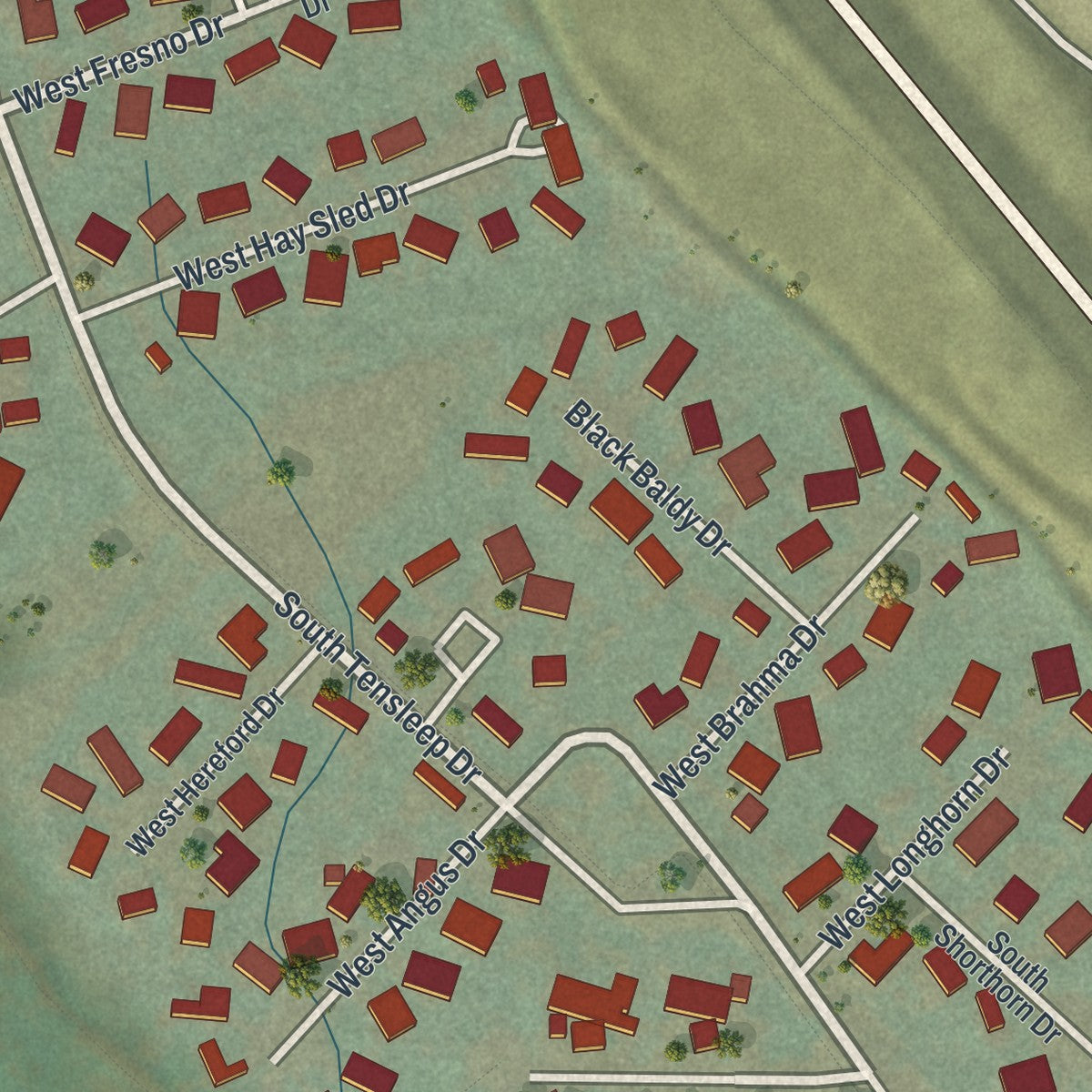 Close-up of the map of Rafter J Ranch, Wyoming print showing street and building detail