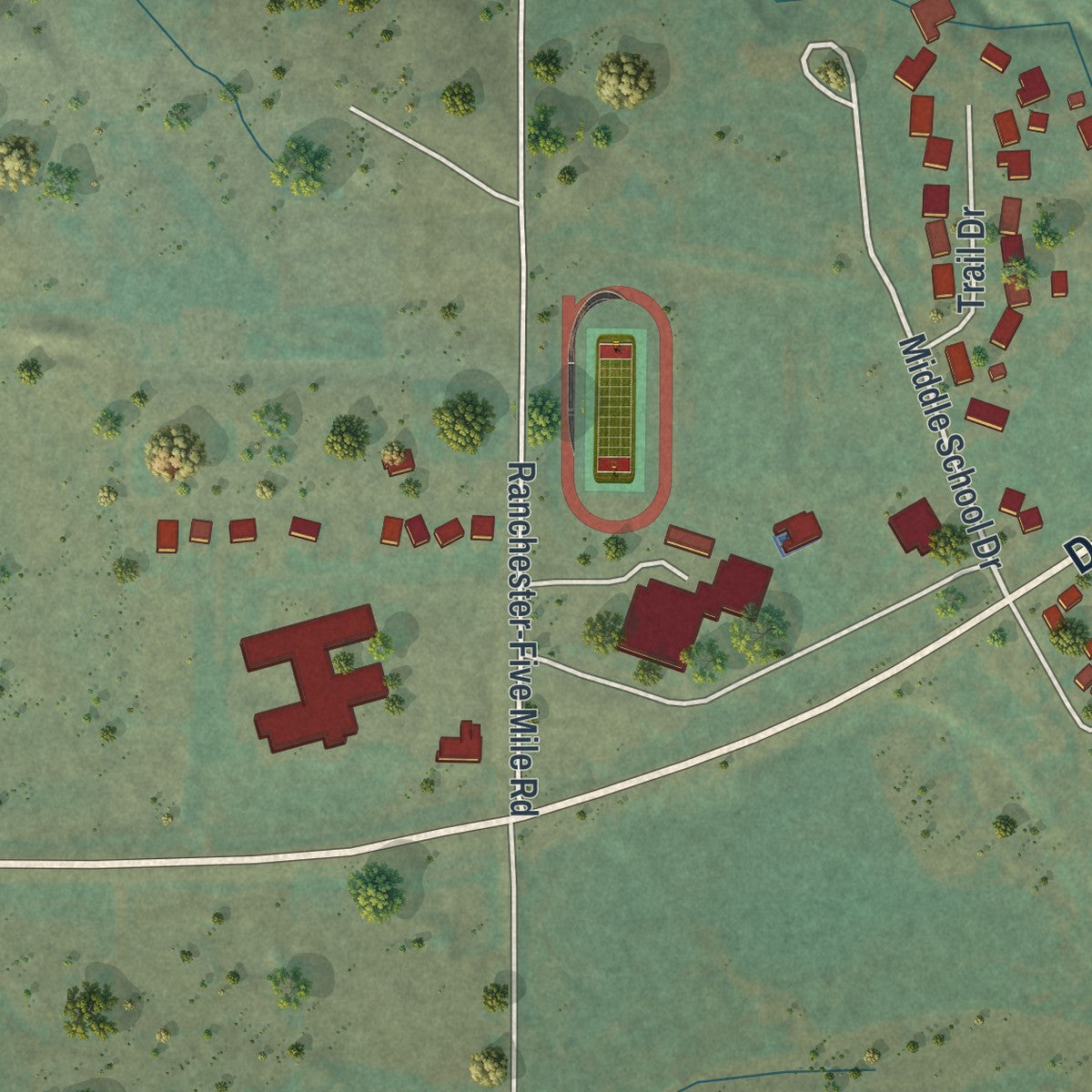 Second close-up of the map of Ranchester, Wyoming print showing more streets and buildings