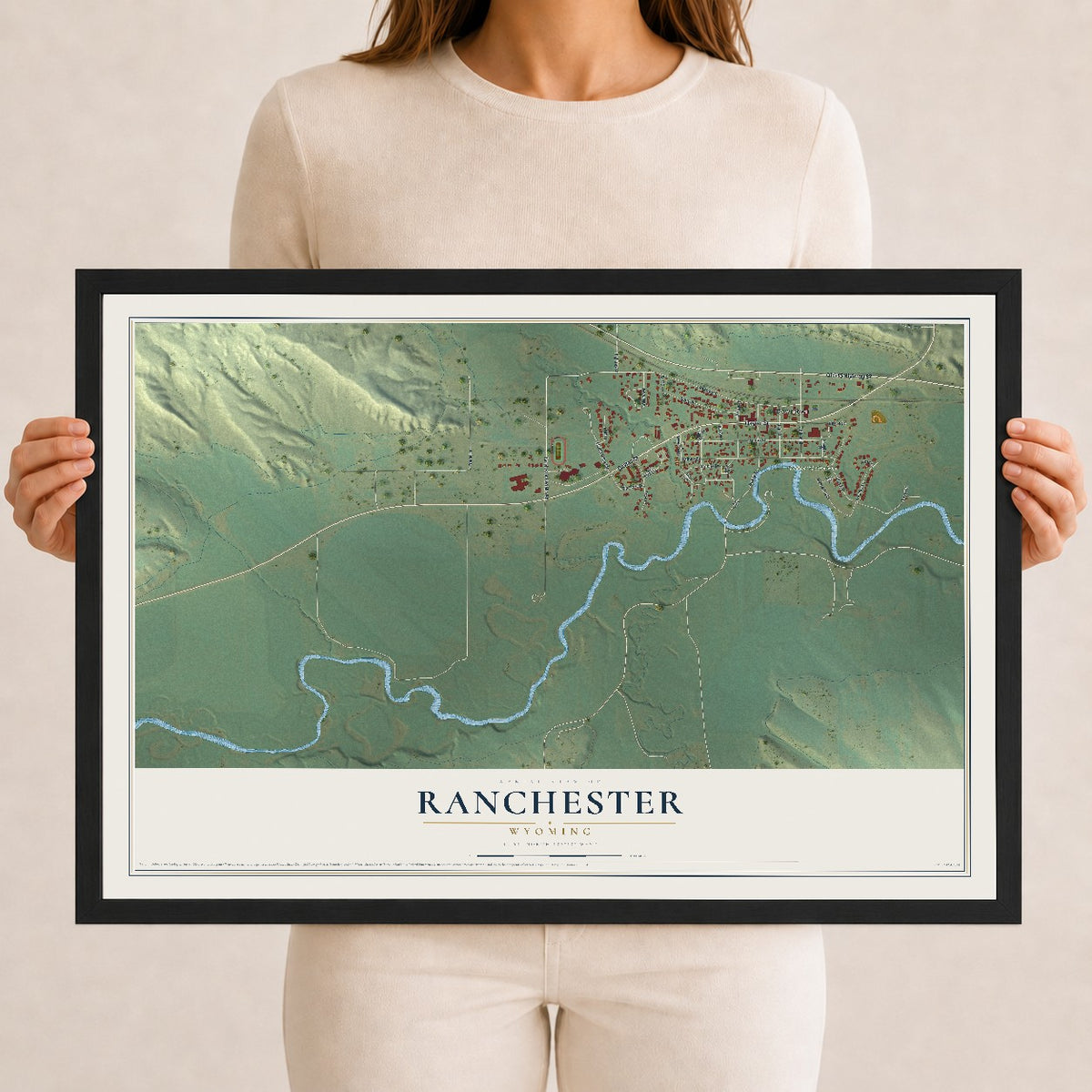 Map of Ranchester, Wyoming, 12 x 18 inch print in a black wood frame