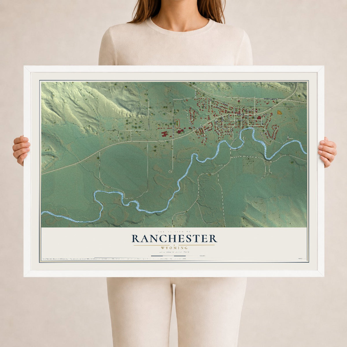 Map of Ranchester, Wyoming, 24 x 36 inch print in a white wood frame