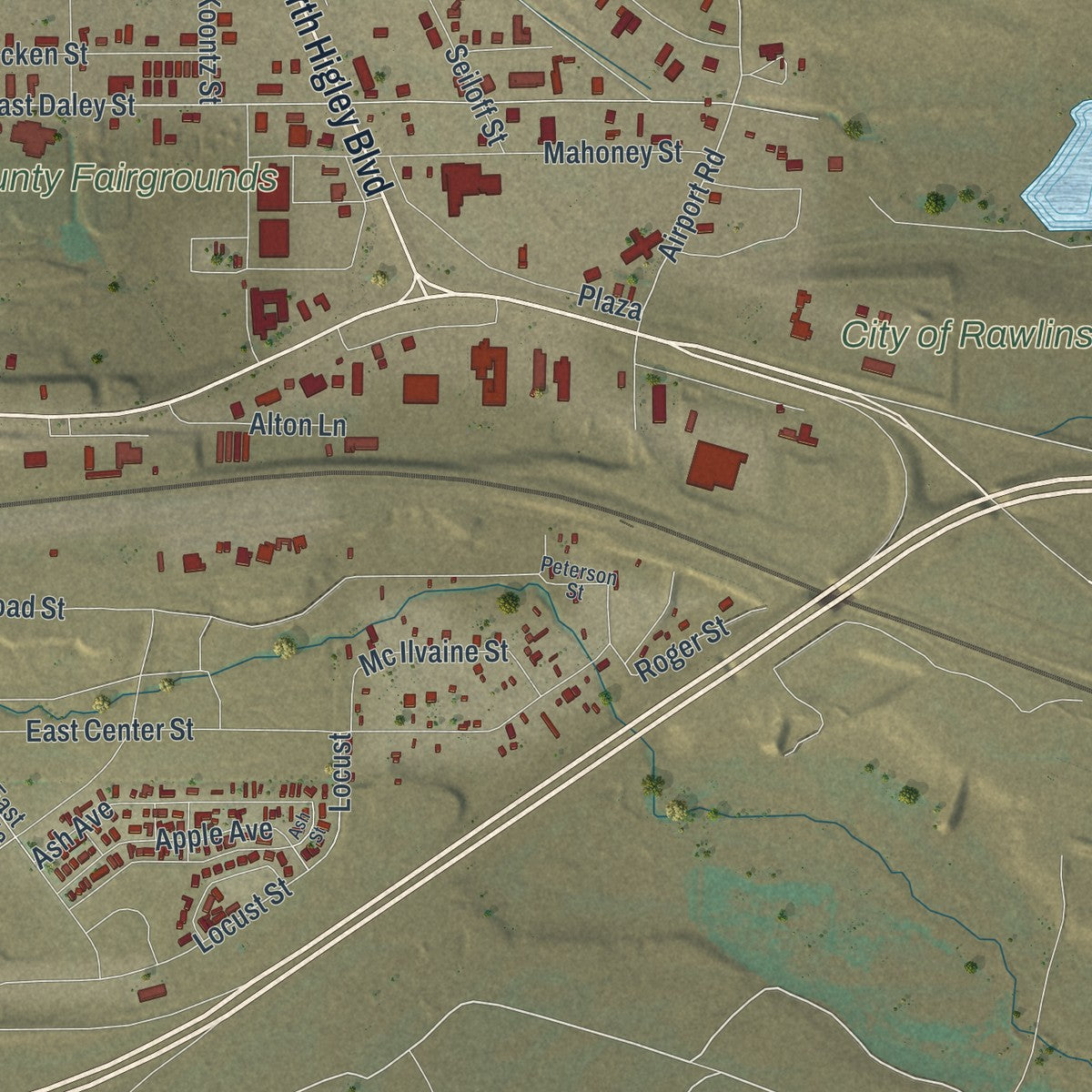Second close-up of the map of Rawlins, Wyoming print showing more streets and buildings