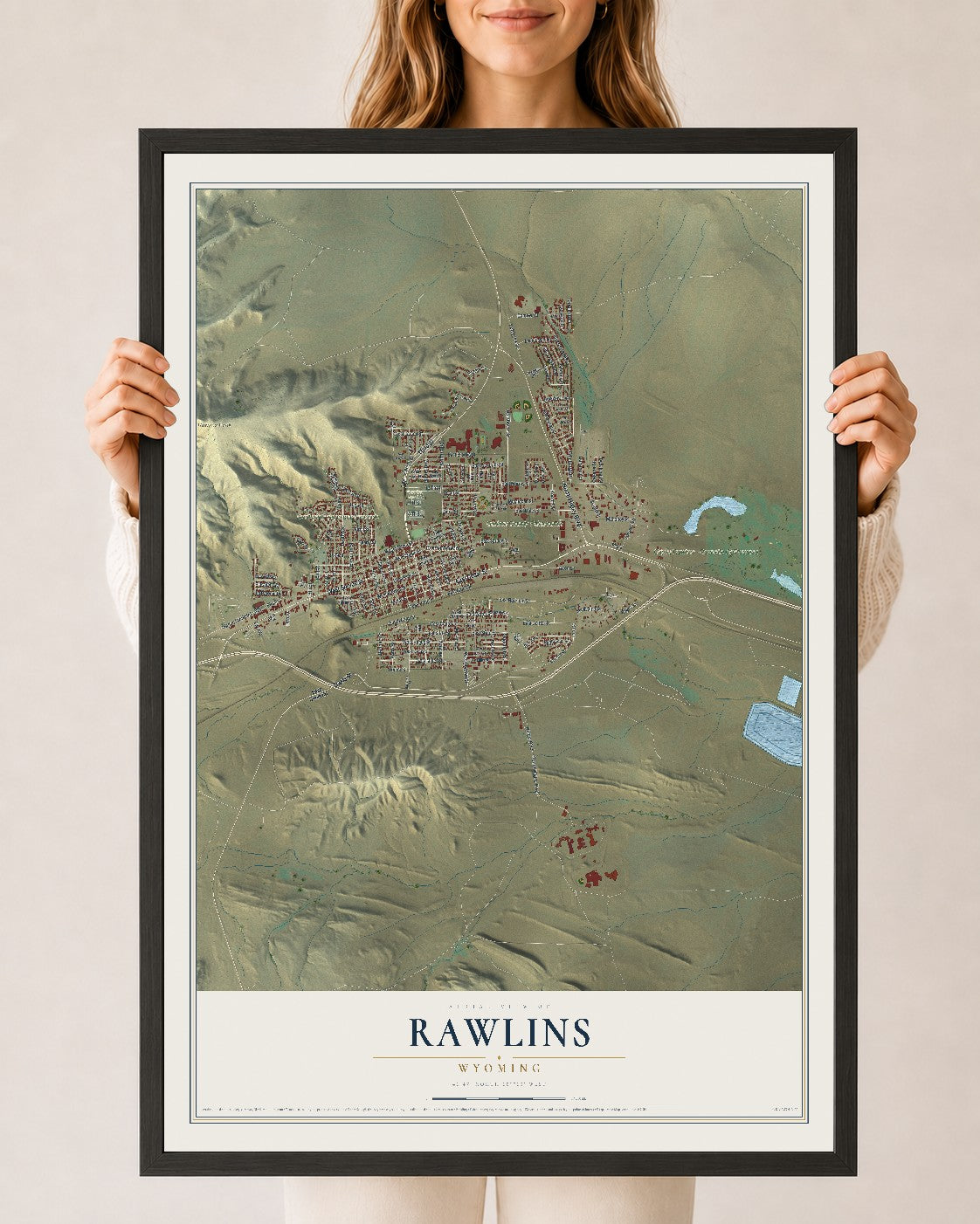 Map of Rawlins, Wyoming, 24 x 36 inch print in a black wood frame