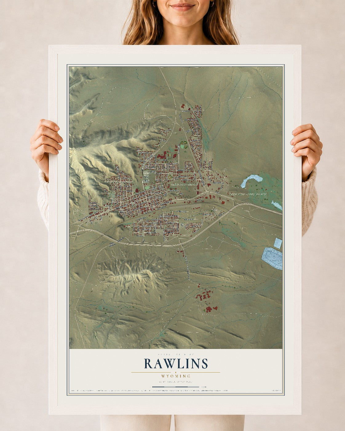 Map of Rawlins, Wyoming, 24 x 36 inch print in a white wood frame