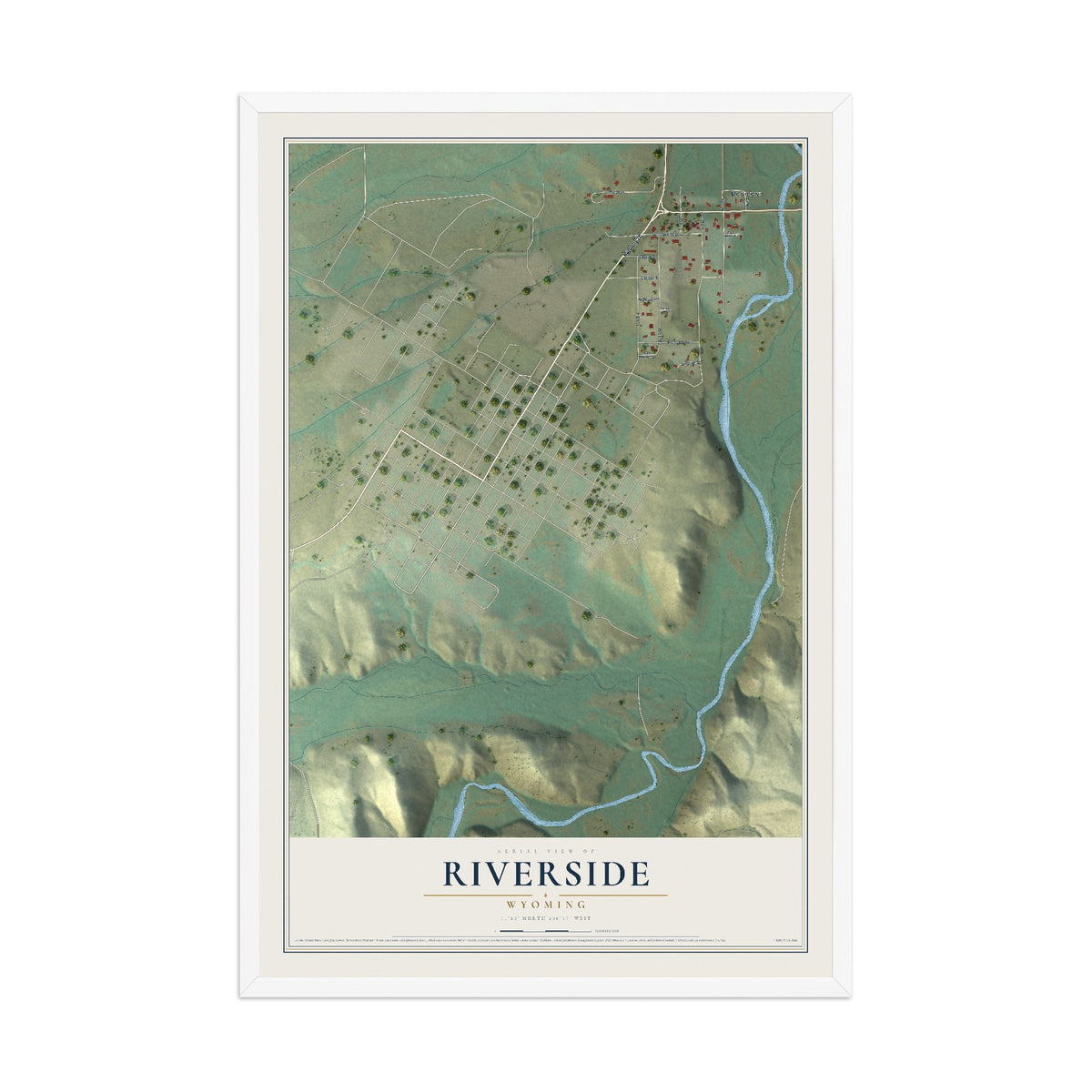 Map of Riverside, Wyoming, 12 x 18 inch print in a white wood frame