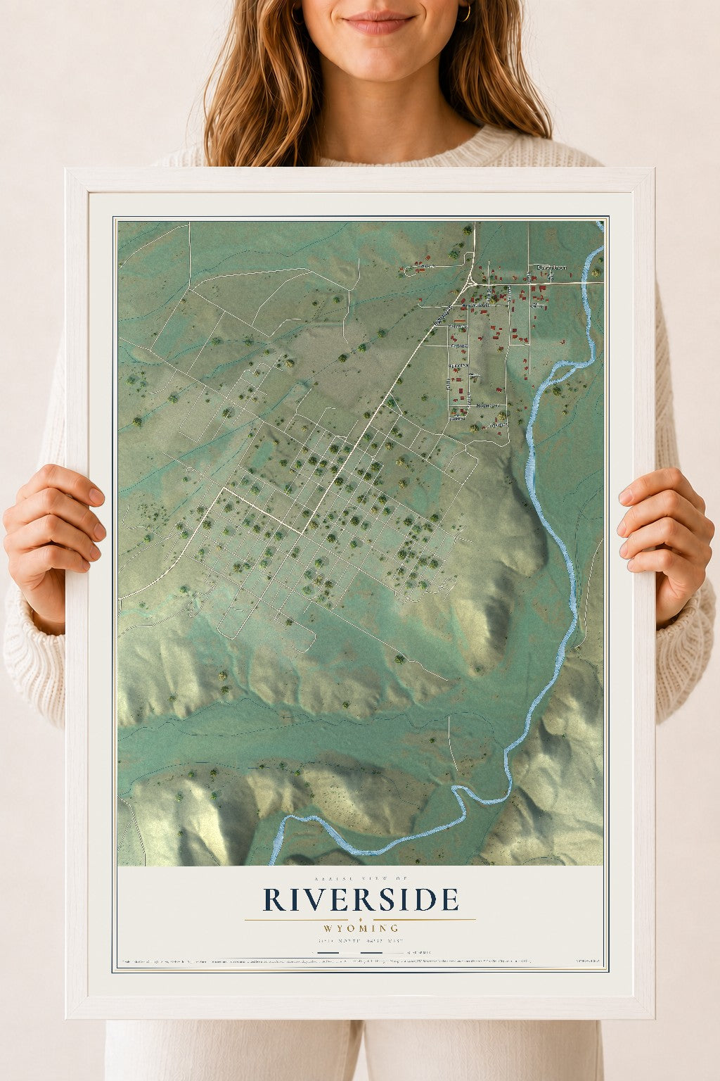 Map of Riverside, Wyoming, 18 x 24 inch print in a white wood frame