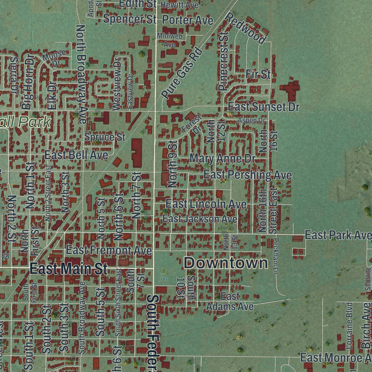 Close-up of the map of Riverton, Wyoming print showing street and building detail