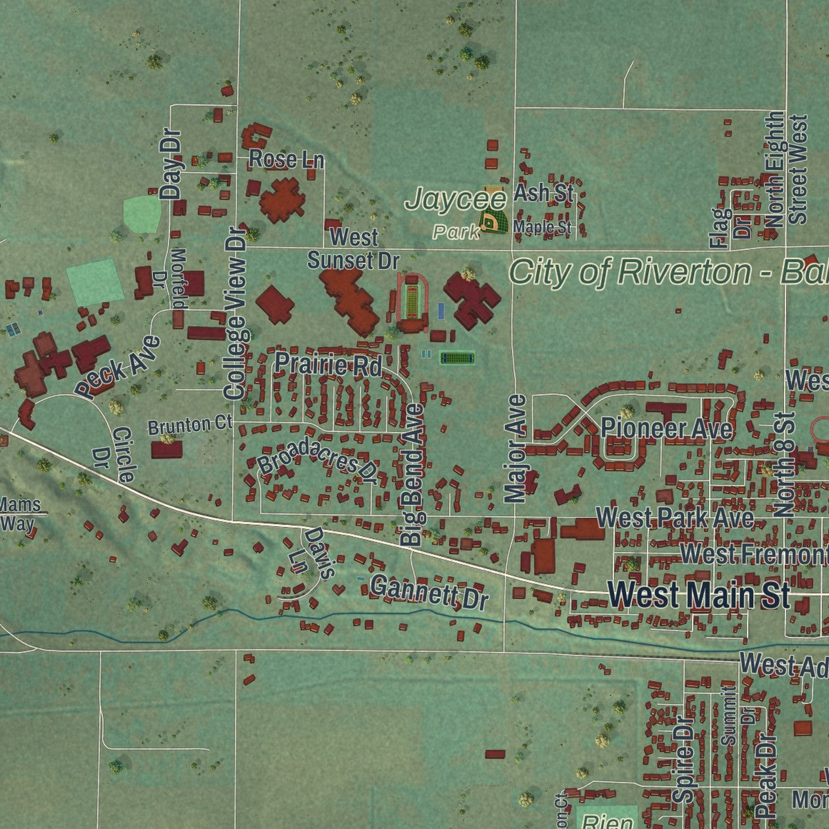 Second close-up of the map of Riverton, Wyoming print showing more streets and buildings