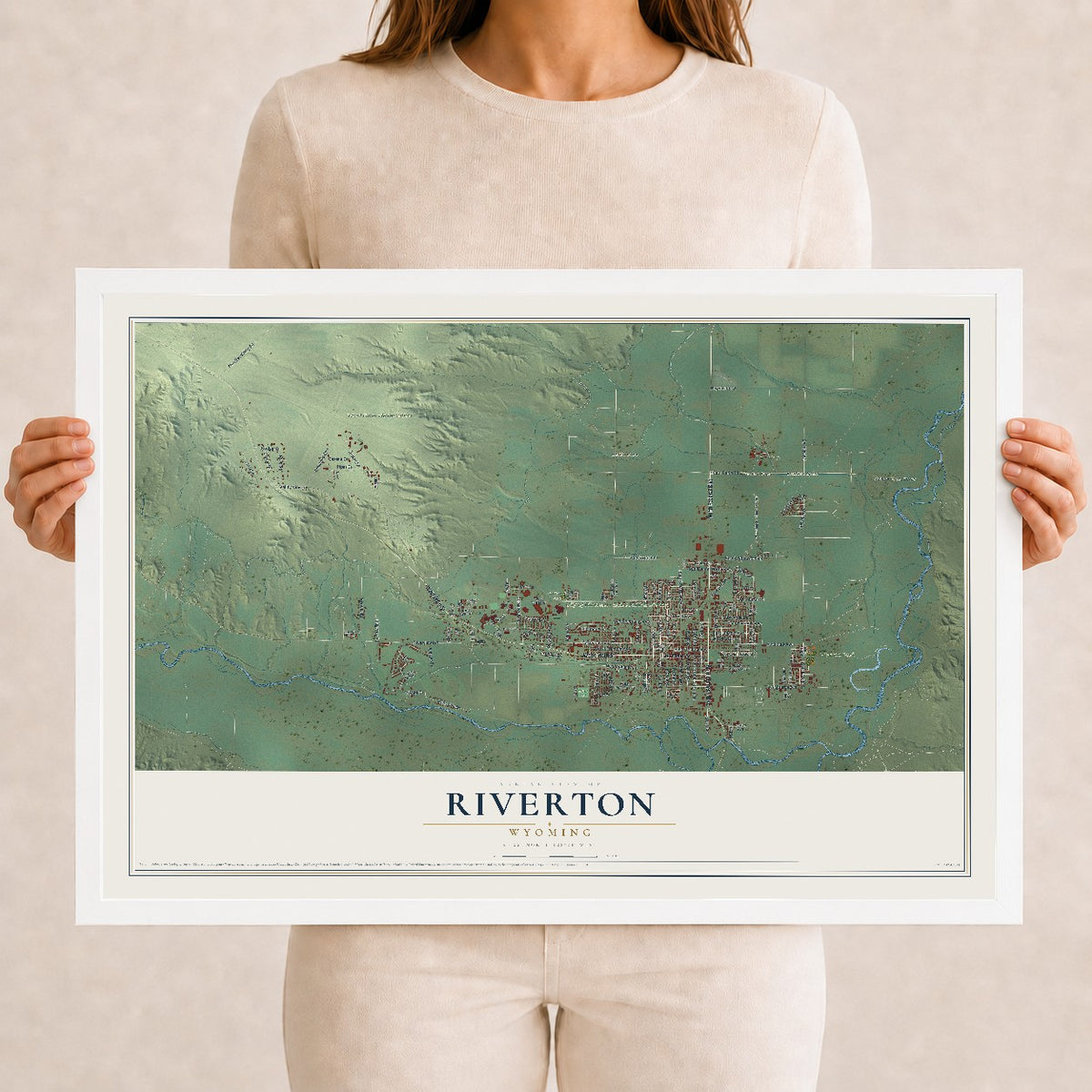 Map of Riverton, Wyoming, 12 x 18 inch print in a white wood frame