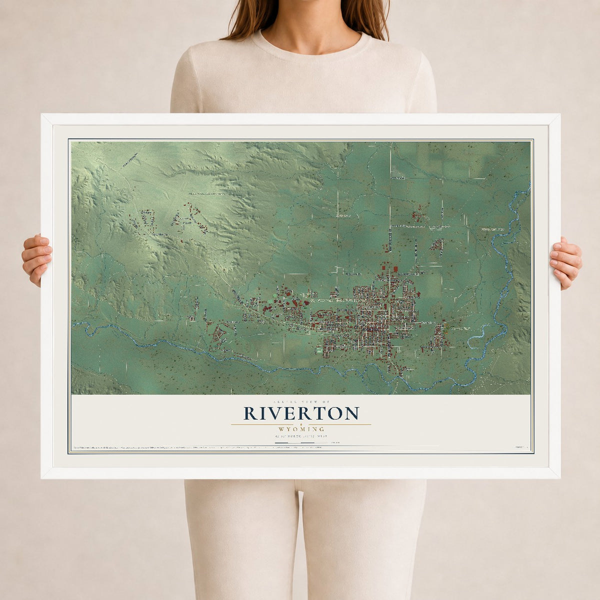 Map of Riverton, Wyoming, 24 x 36 inch print in a white wood frame