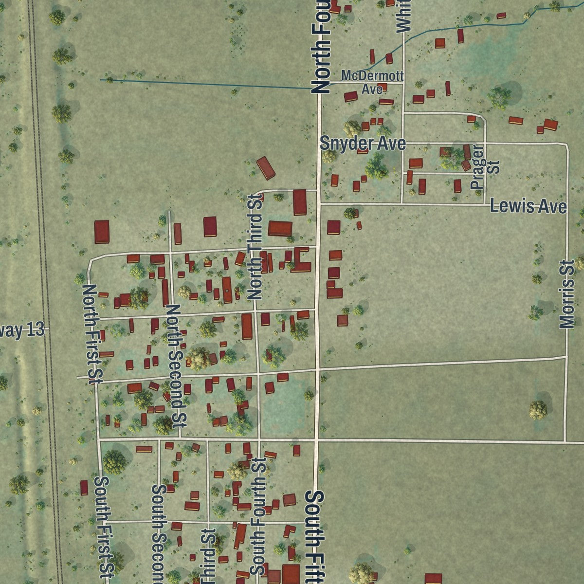 Close-up of the map of Rock River, Wyoming print showing street and building detail