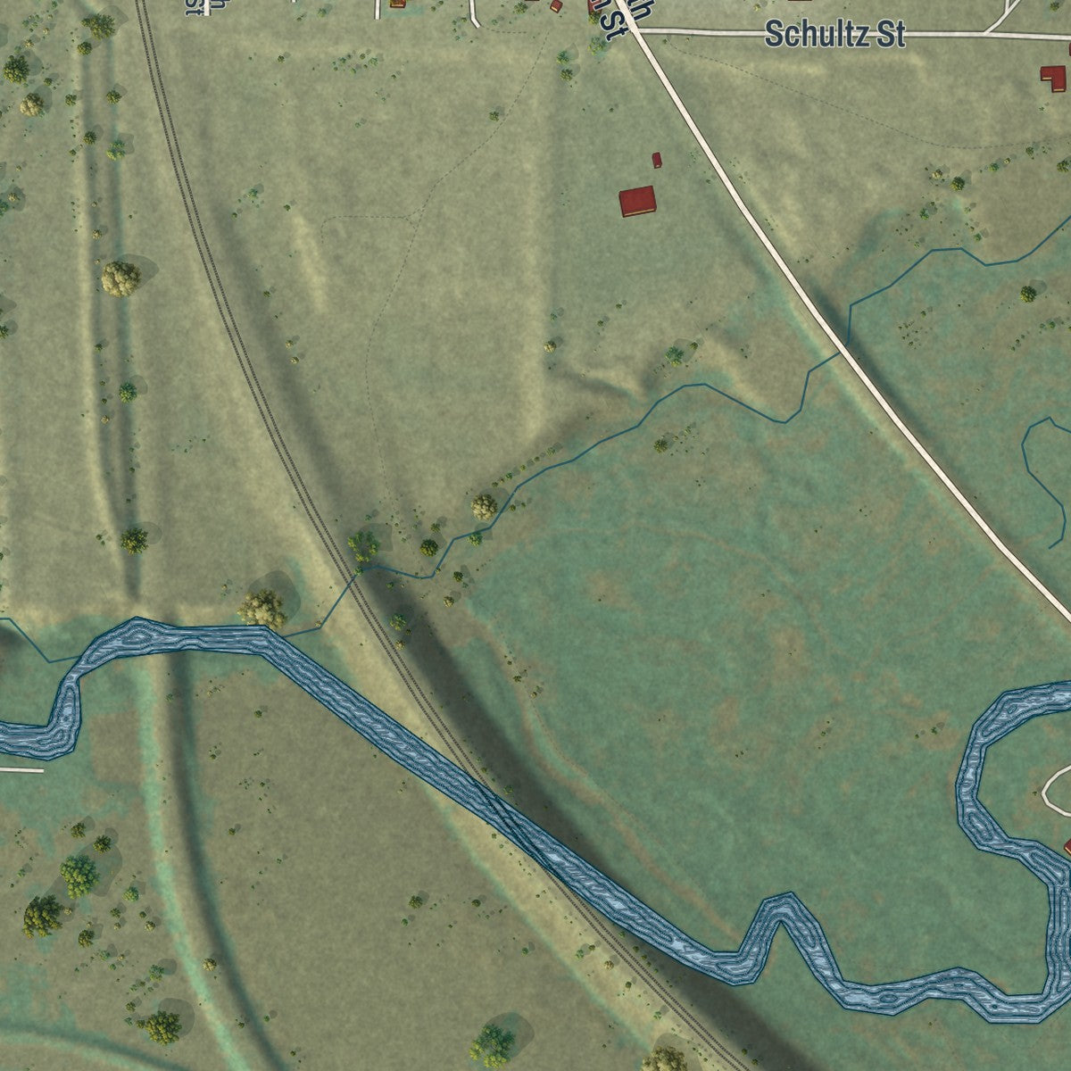 Second close-up of the map of Rock River, Wyoming print showing more streets and buildings