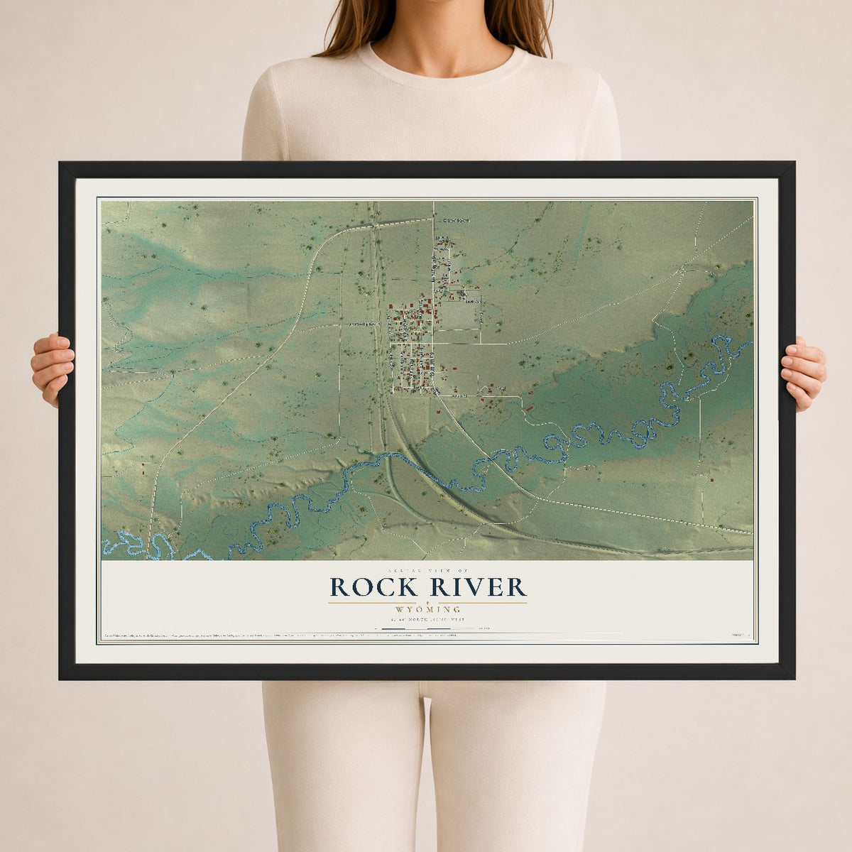 Map of Rock River, Wyoming, 24 x 36 inch print in a black wood frame
