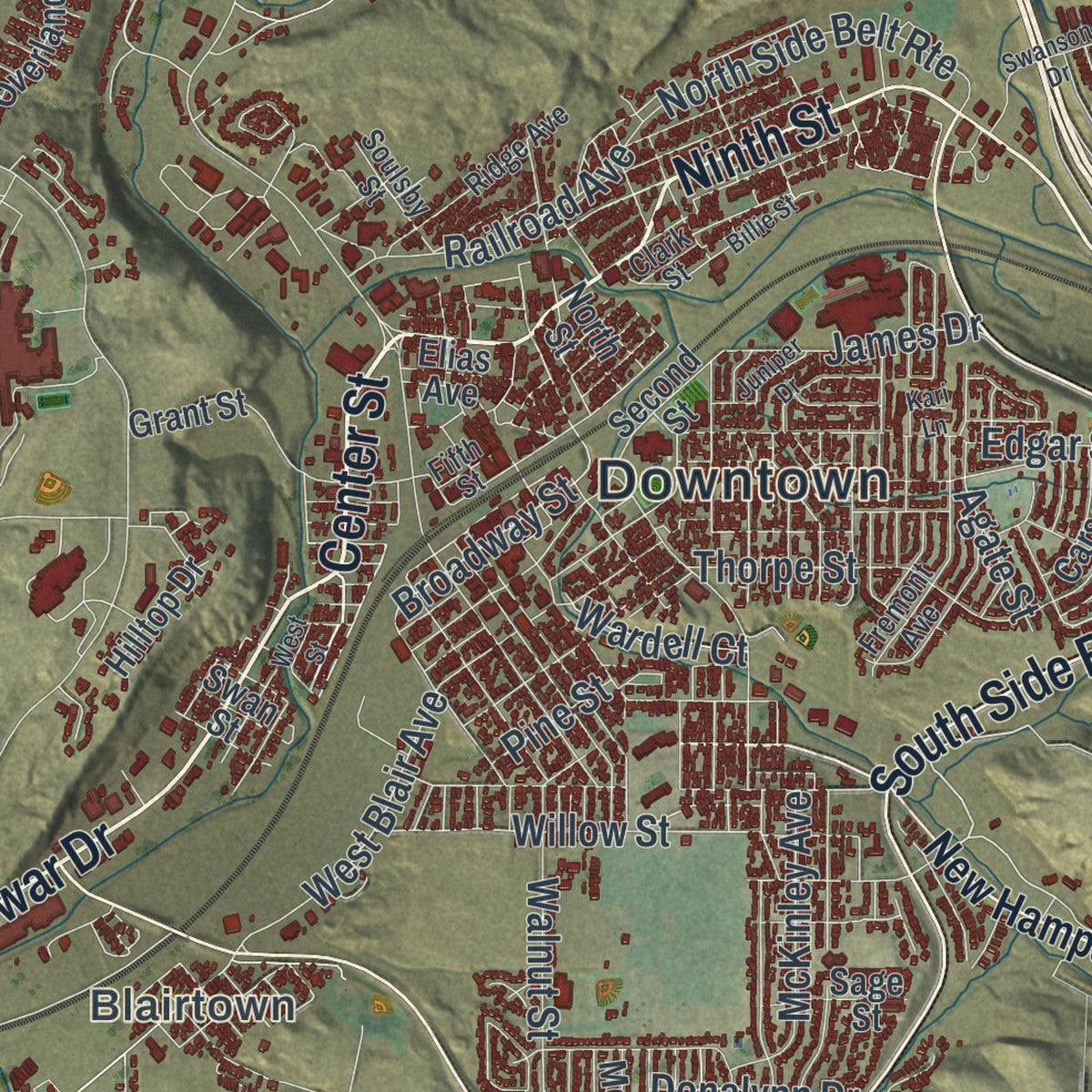 Close-up of the map of Rock Springs, Wyoming print showing street and building detail