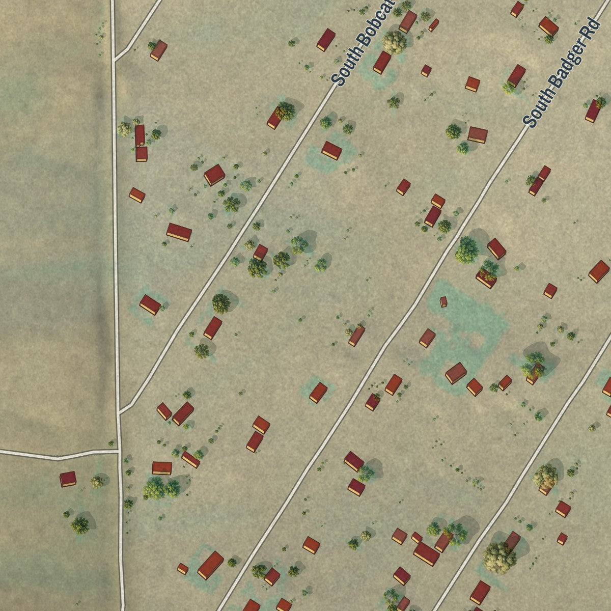 Close-up of the map of Rolling Hills, Wyoming print showing street and building detail