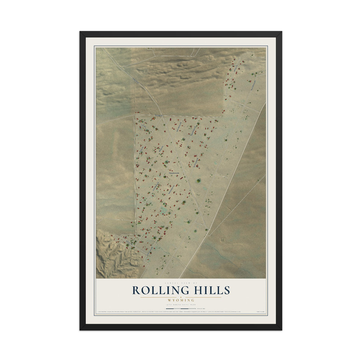 Map of Rolling Hills, Wyoming, 12 x 18 inch print in a black wood frame
