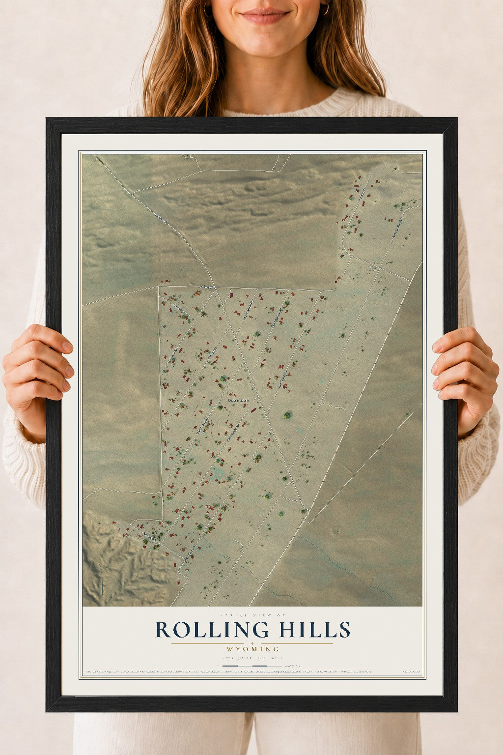 Map of Rolling Hills, Wyoming, 18 x 24 inch print in a black wood frame