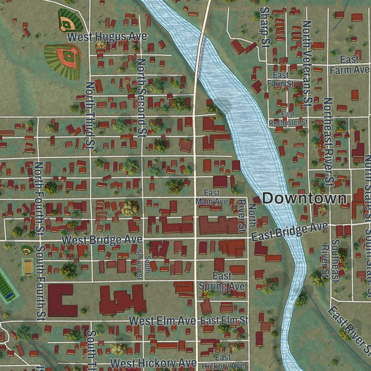 Close-up of the map of Saratoga, Wyoming print showing street and building detail