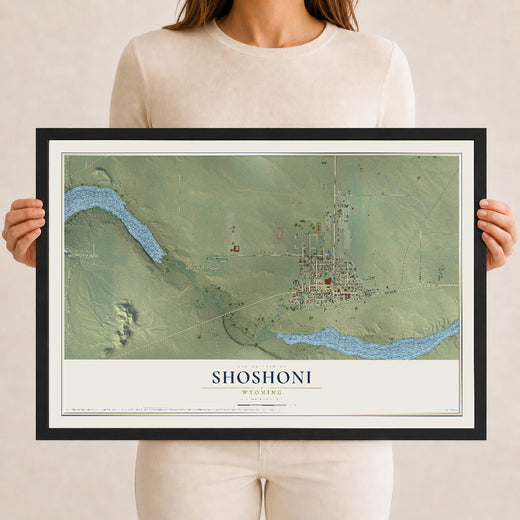 Map of Shoshoni, Wyoming, 12 x 18 inch print in a black wood frame