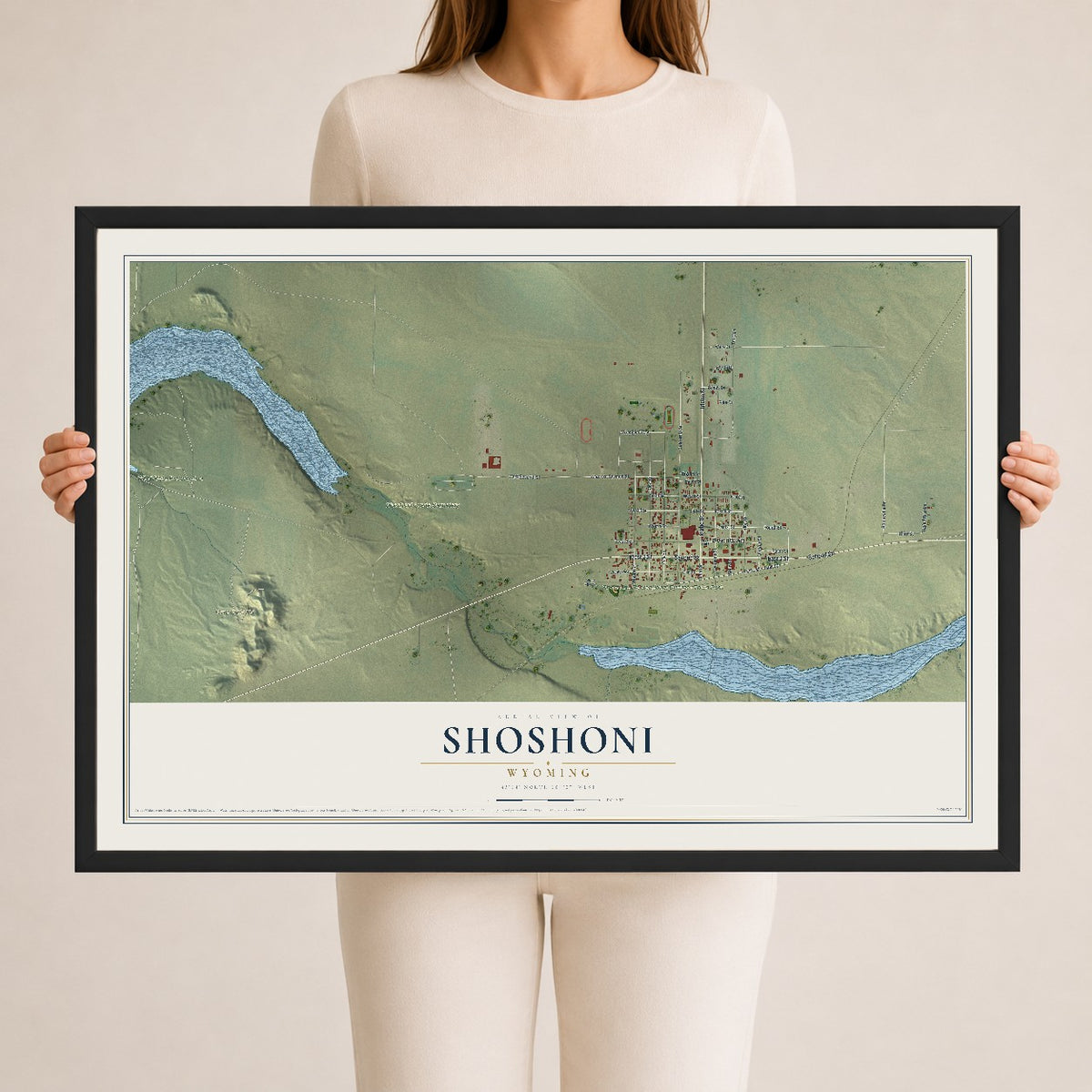 Map of Shoshoni, Wyoming, 24 x 36 inch print in a black wood frame
