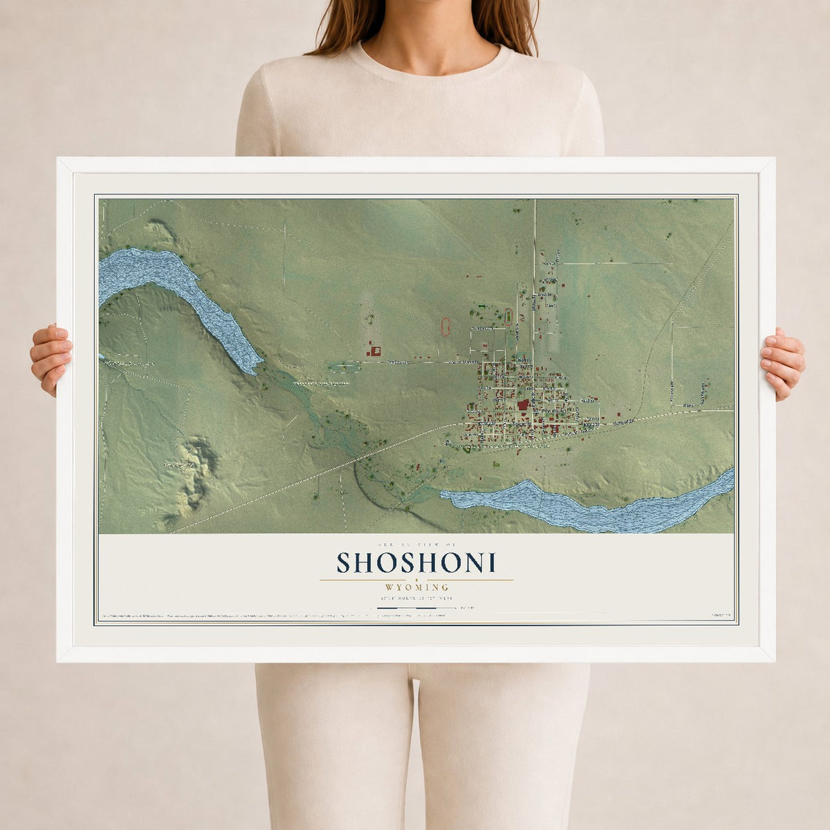 Map of Shoshoni, Wyoming, 24 x 36 inch print in a white wood frame