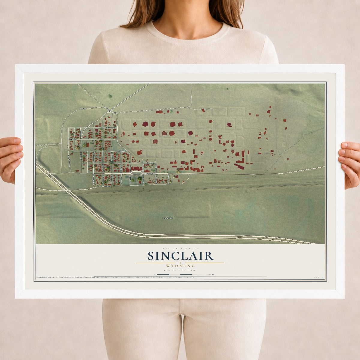 Map of Sinclair, Wyoming, 18 x 24 inch print in a white wood frame