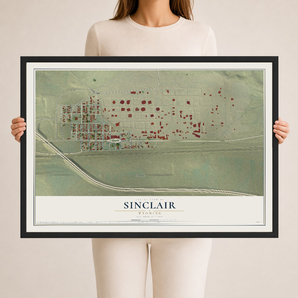 Map of Sinclair, Wyoming, 24 x 36 inch print in a black wood frame