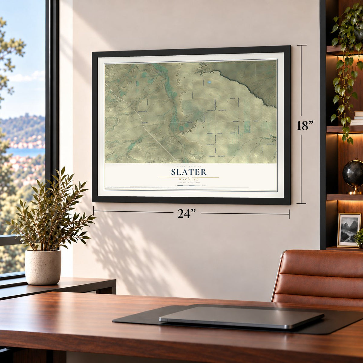 Slater, Wyoming map, 18 x 24 inch print in a black frame in a home office