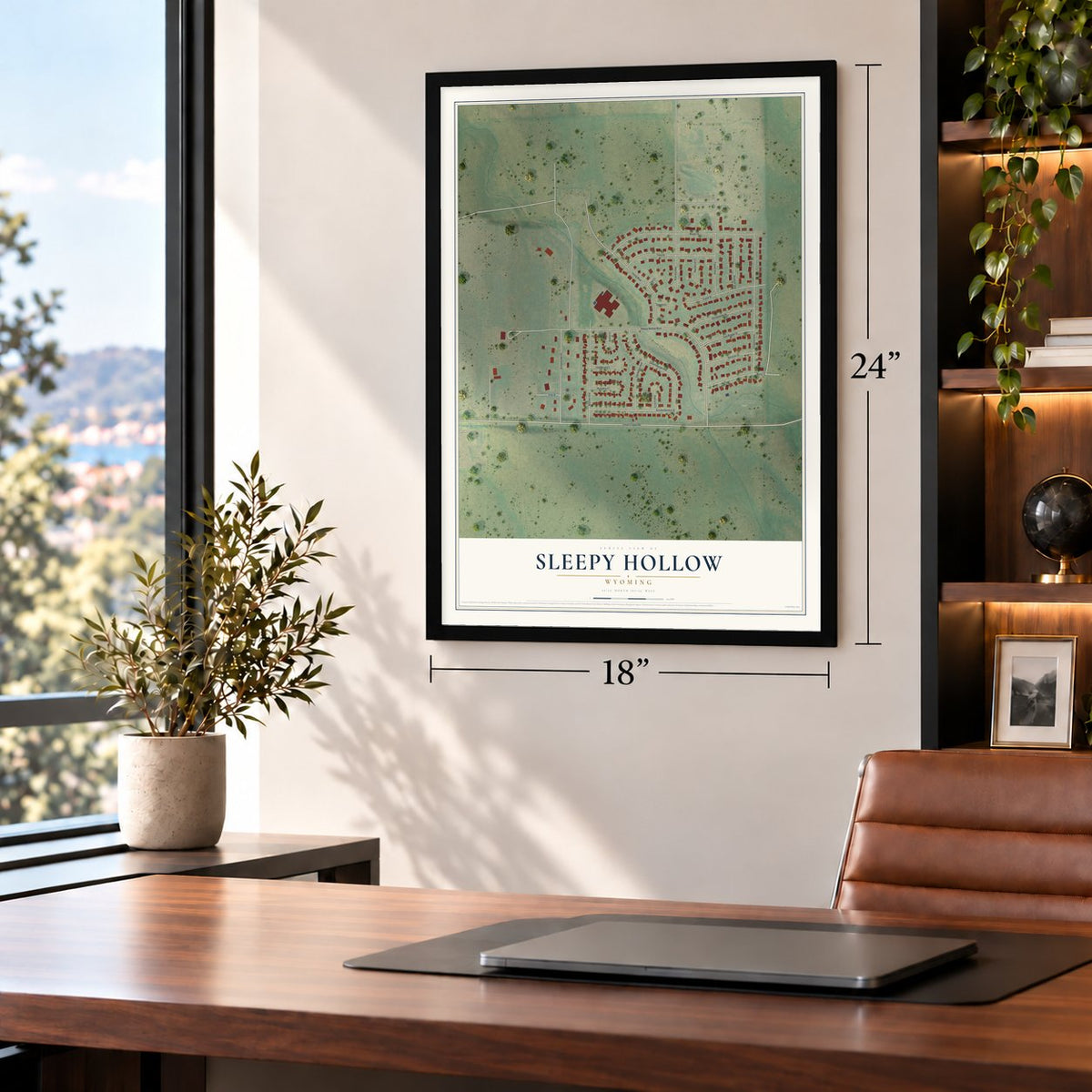 Sleepy Hollow, Wyoming map, 18 x 24 inch print in a black frame in a home office